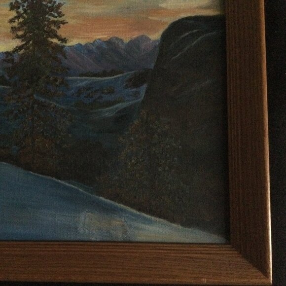 Oil painting mountain trees landscape with wood frame original art wall hanging - Picture 7 of 11